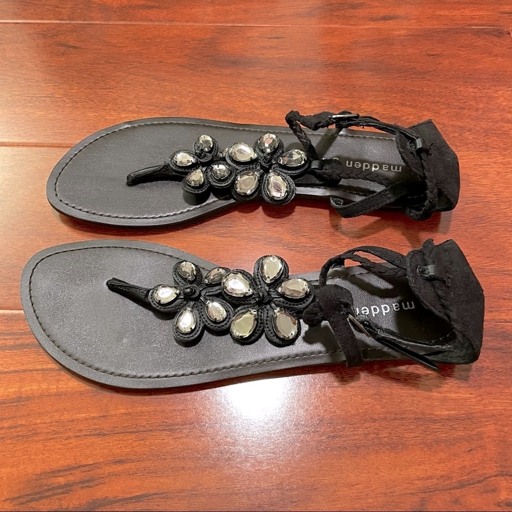 Black Floral Silver Jeweled T-Strap Thong Sandals